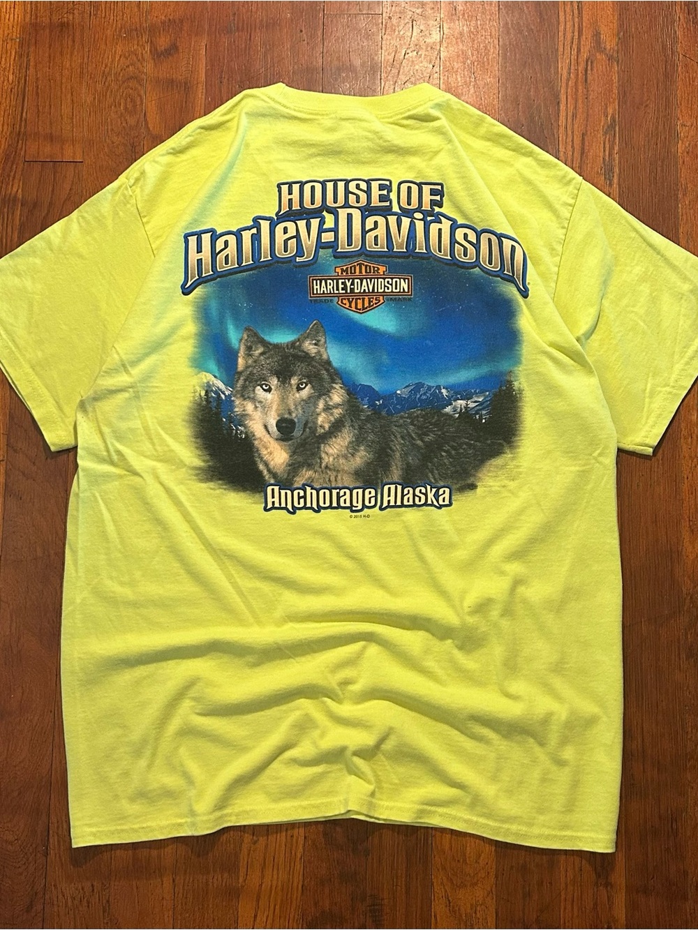 Harley Davidson Biker Motorcycle Alaska Wolf Double Sided Graphic Neon T-shirt L